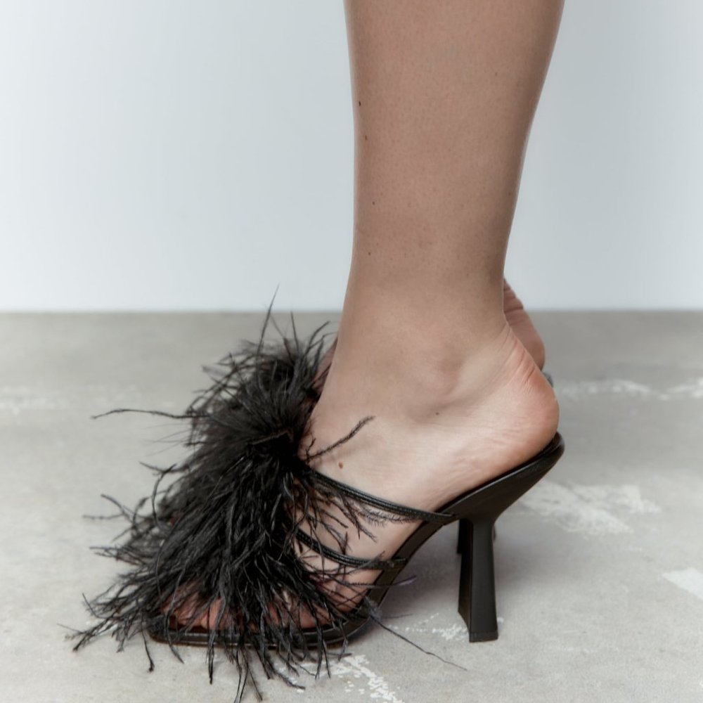 Zara Black Feathered Heeled Heels Sz 6.5 NWT